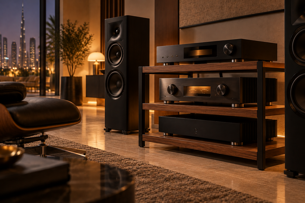 Hi-fi amplifier and streamer on a walnut rack beside floor standing speakers