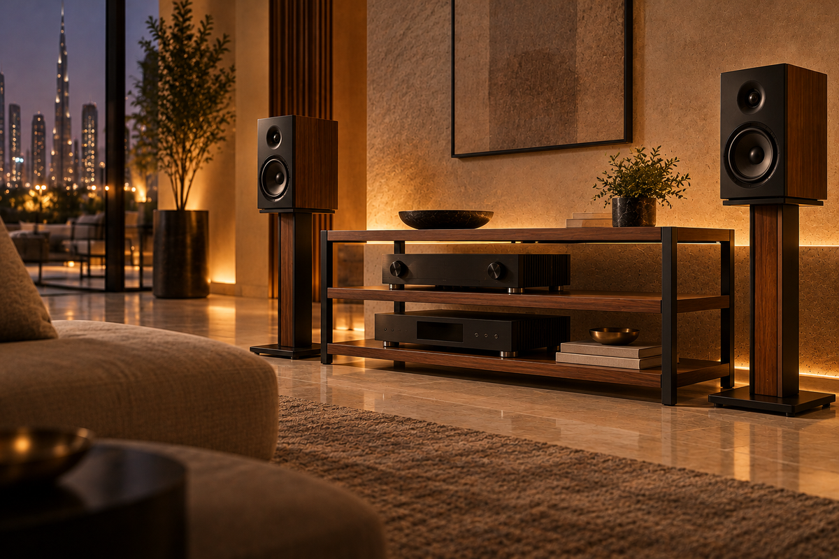 Walnut audio rack and speaker stands in a Dubai living room