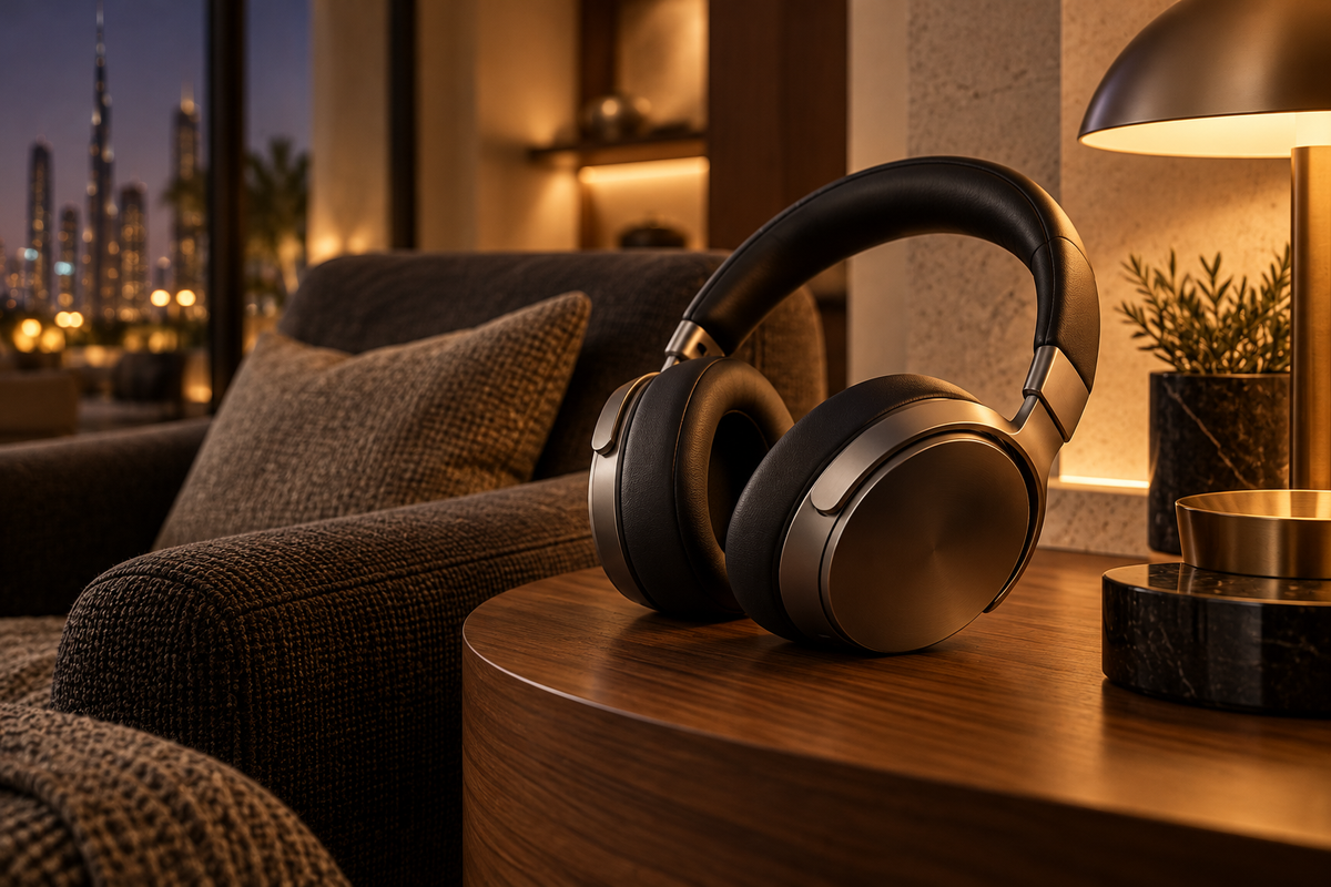 Premium wireless headphones on a walnut side table with a Dubai skyline view