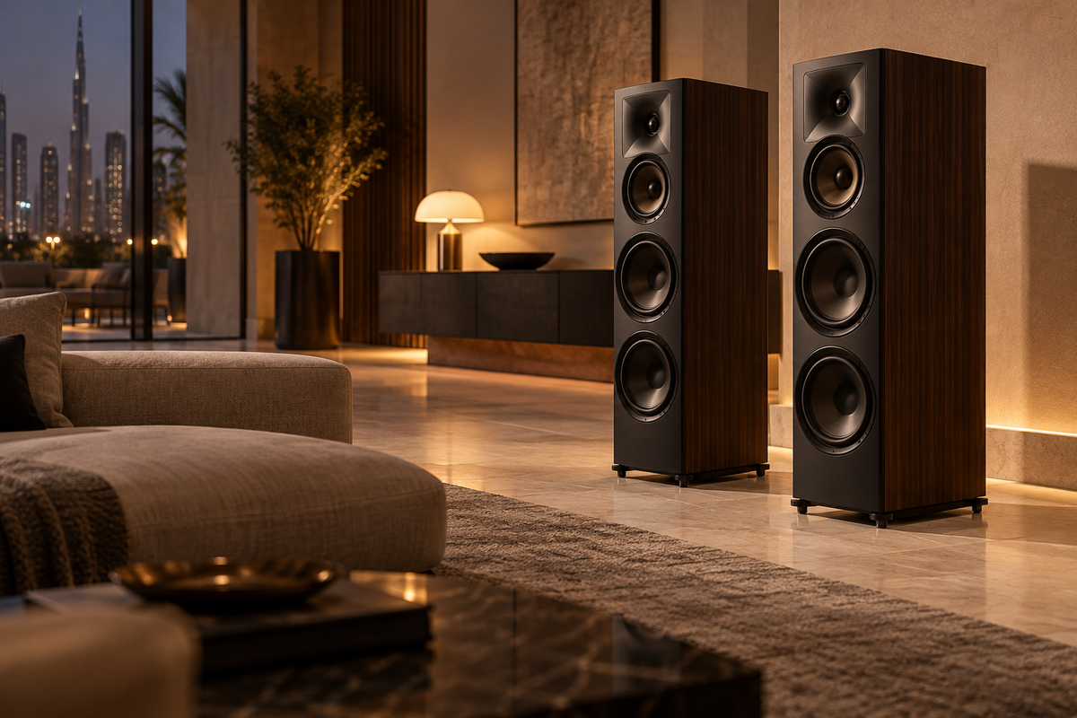 Pair of walnut floor standing speakers in a Dubai living room at dusk