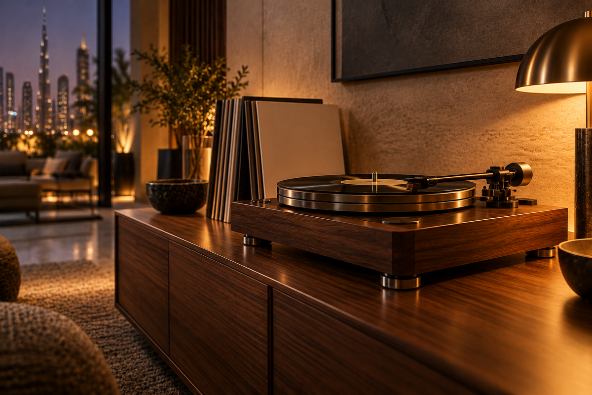 Walnut turntable playing a vinyl record in a Dubai apartment at night