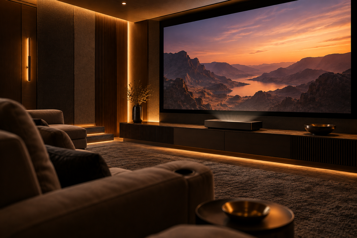Private home cinema with a large projection screen and short throw projector